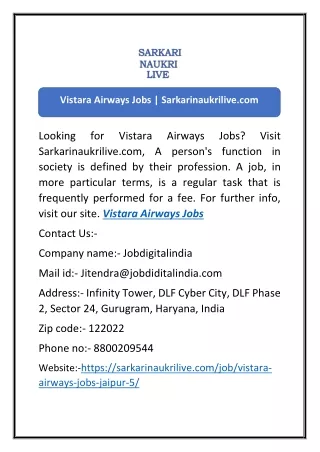 Vistara Airways Jobs | Sarkarinaukrilive.com