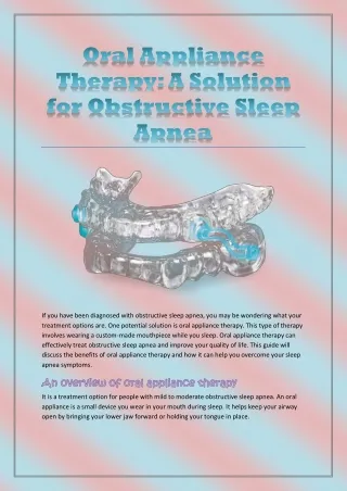 Oral Appliance Therapy: A Solution for Obstructive Sleep Apnea