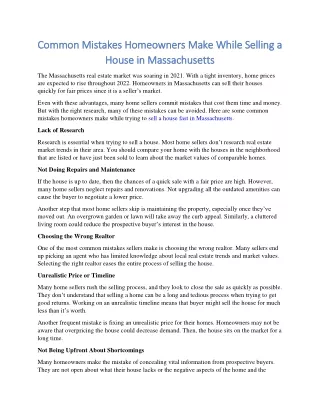 Common Mistakes Homeowners Make While Selling a House in Massachusetts