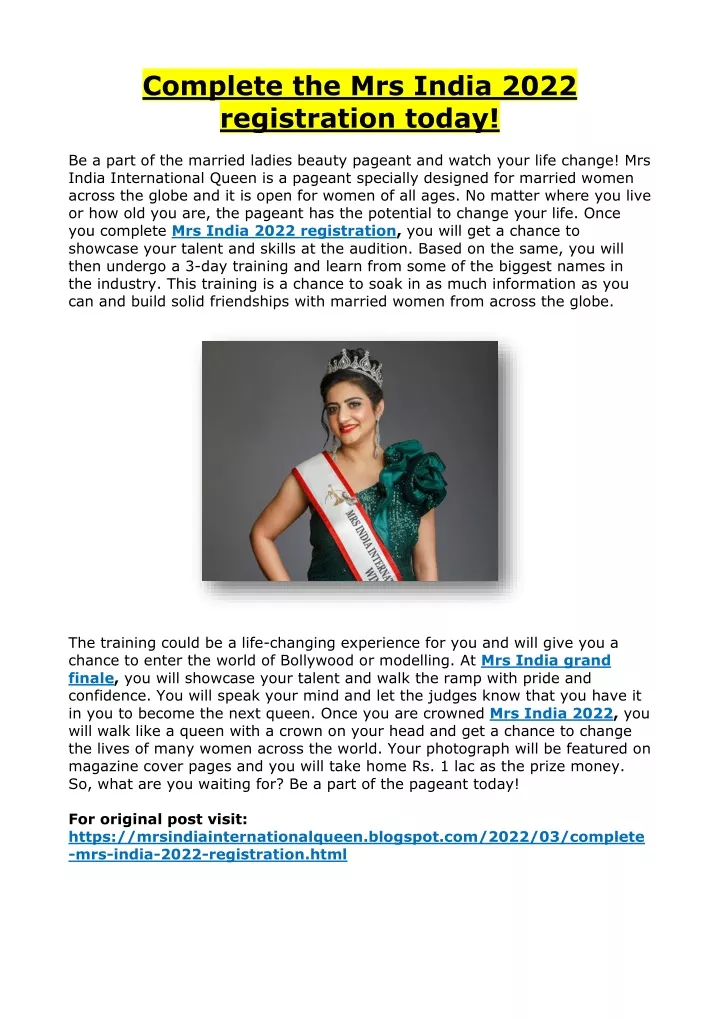 complete the mrs india 2022 registration today
