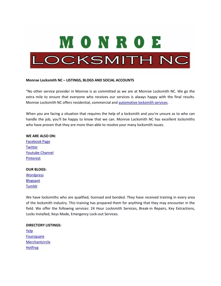 monroe locksmith nc listings blogs and social