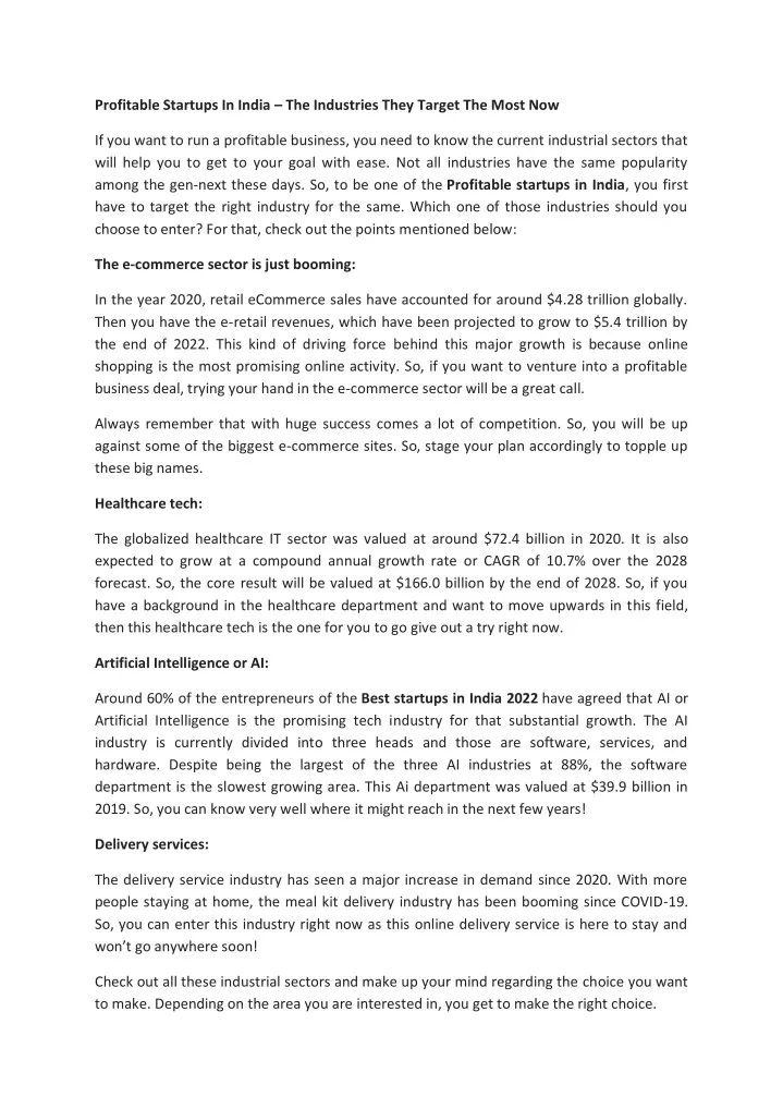 profitable startups in india the industries they