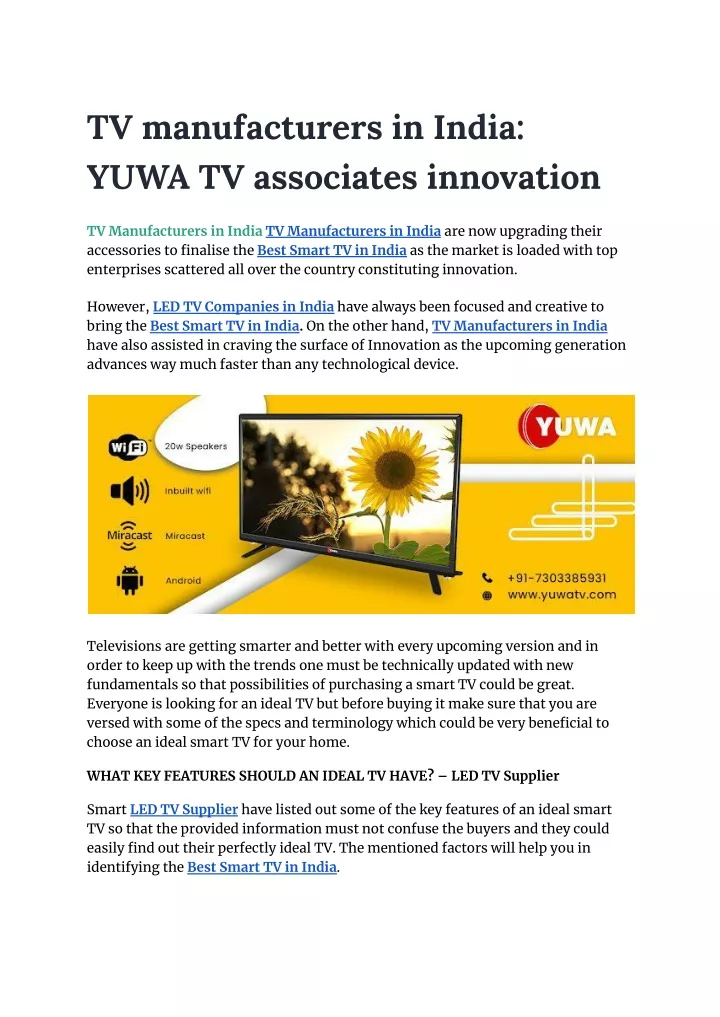 tv manufacturers in india yuwa tv associates