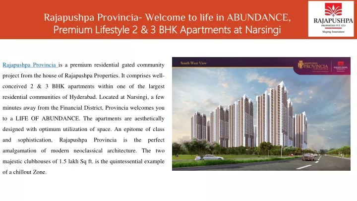 rajapushpa provincia welcom e to life in abundance premium lifestyle 2 3 bhk apartments at narsingi