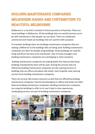 Building maintenance companies Melbourne based are contributing to beautiful Melbourne