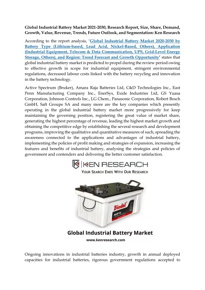 global industrial battery market 2021 2030