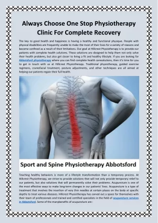 Always Choose One Stop Physiotherapy Clinic For Complete Recovery