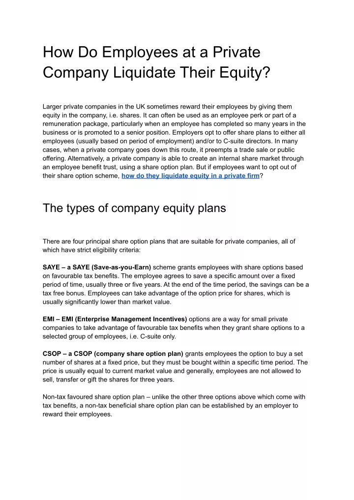 how do employees at a private company liquidate