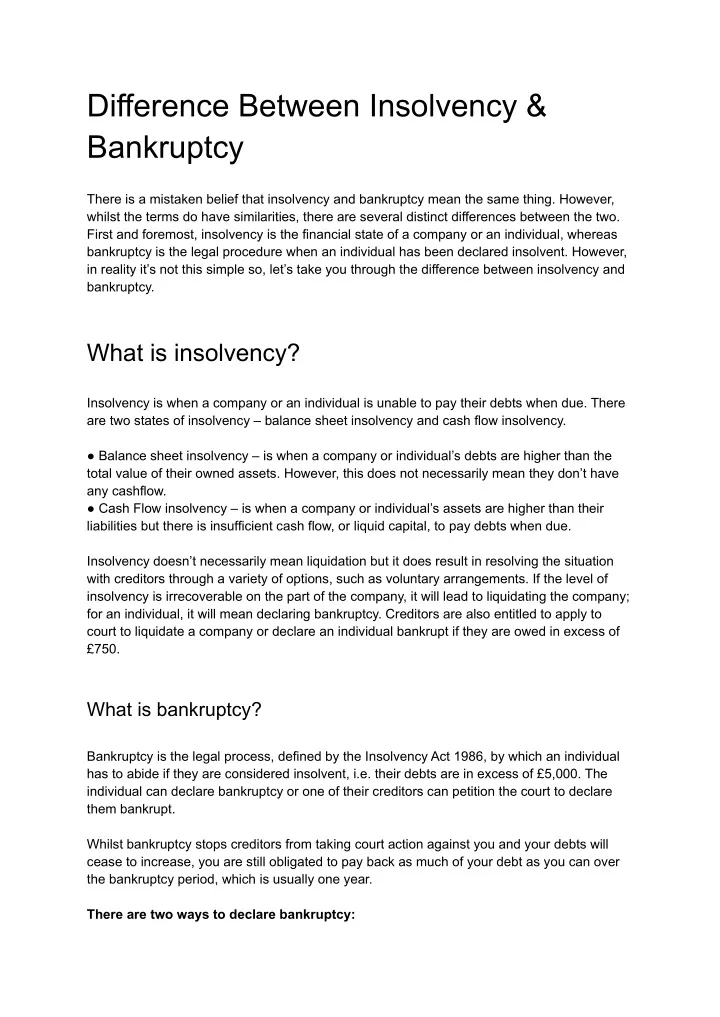 difference between insolvency bankruptcy