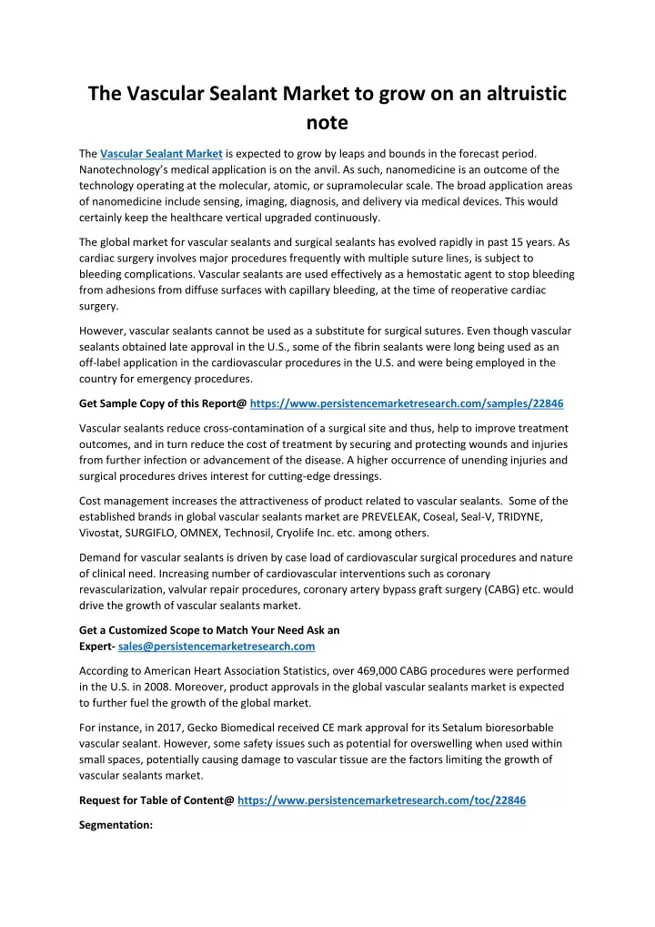 the vascular sealant market to grow