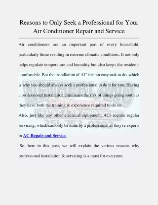 Reasons to Only Seek a Professional for Your Air Conditioner Repair and Service