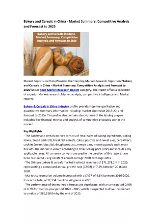 bakery and cereals in china market summary