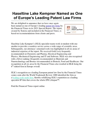 Haseltine Lake Kempner Named as One of Europe’s Leading Patent Law Firms