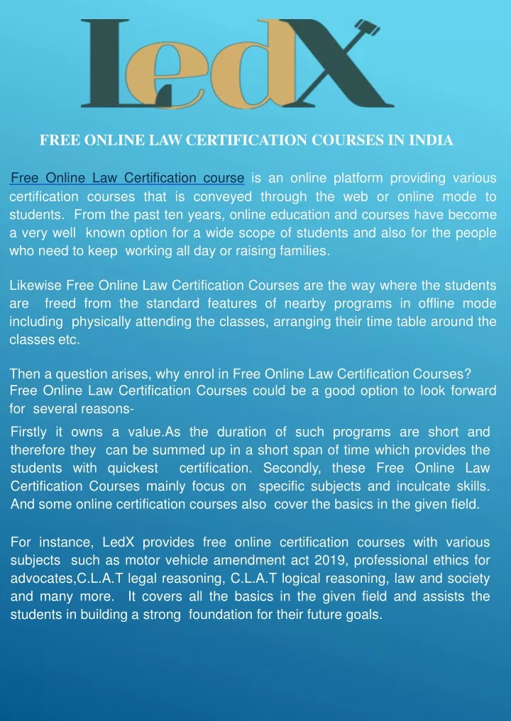 free online law certification courses in india