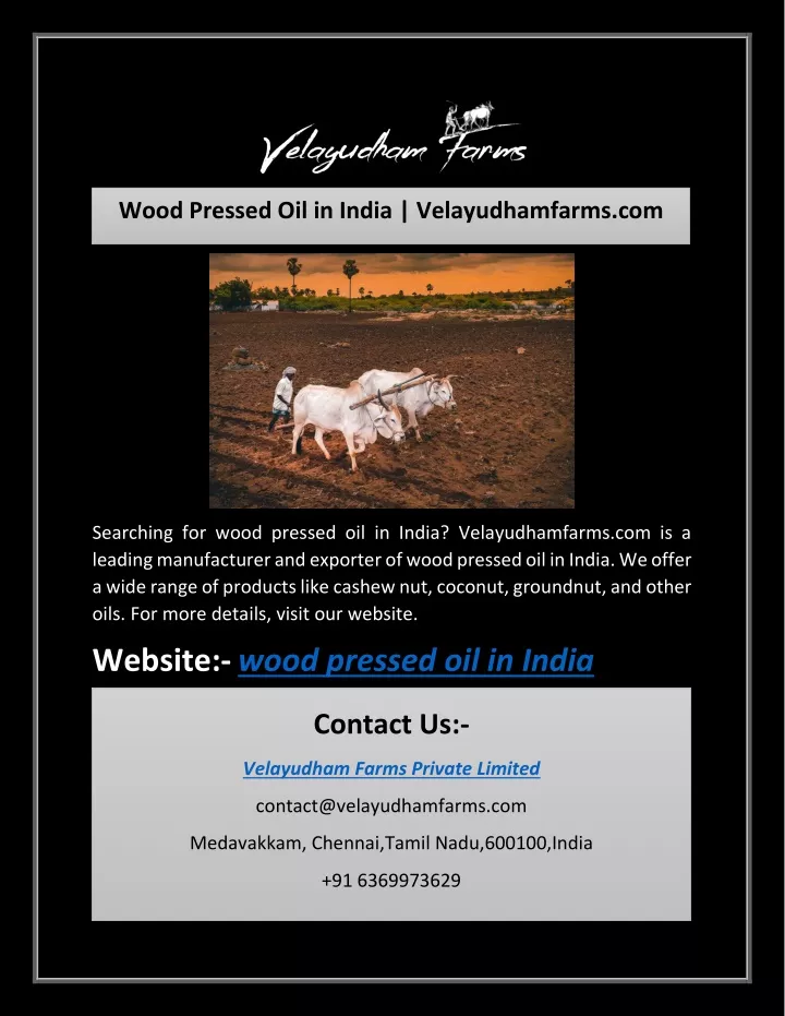 wood pressed oil in india velayudhamfarms com