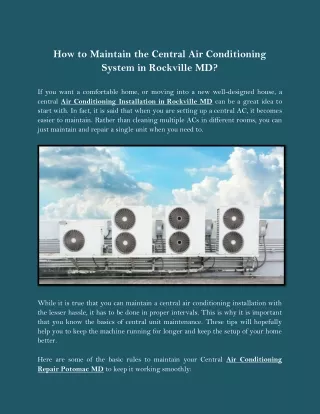How to Maintain the Central Air Conditioning System in Rockville MD