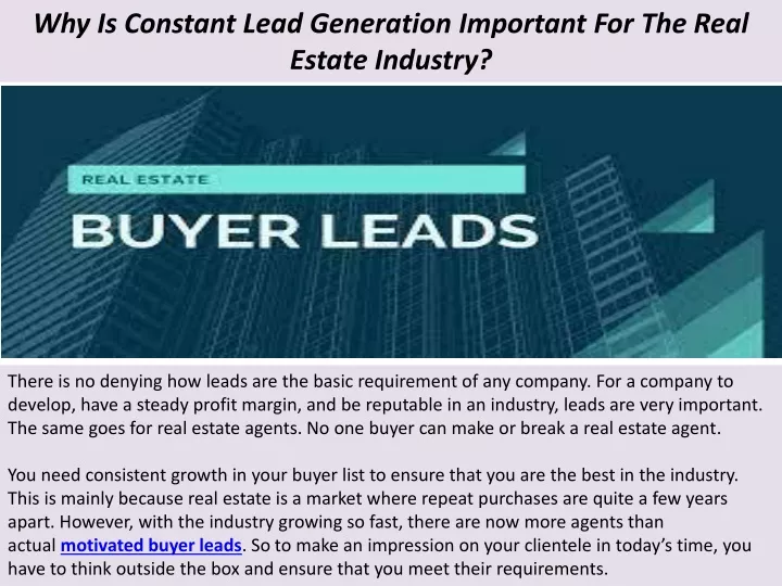 why is constant lead generation important for the real estate industry