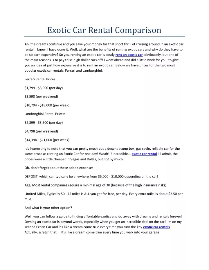 exotic car rental comparison