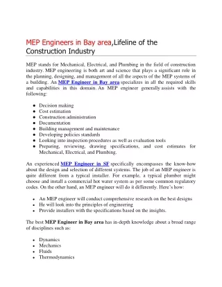 MEP Engineers in Bay area,Lifeline of the Construction Industry