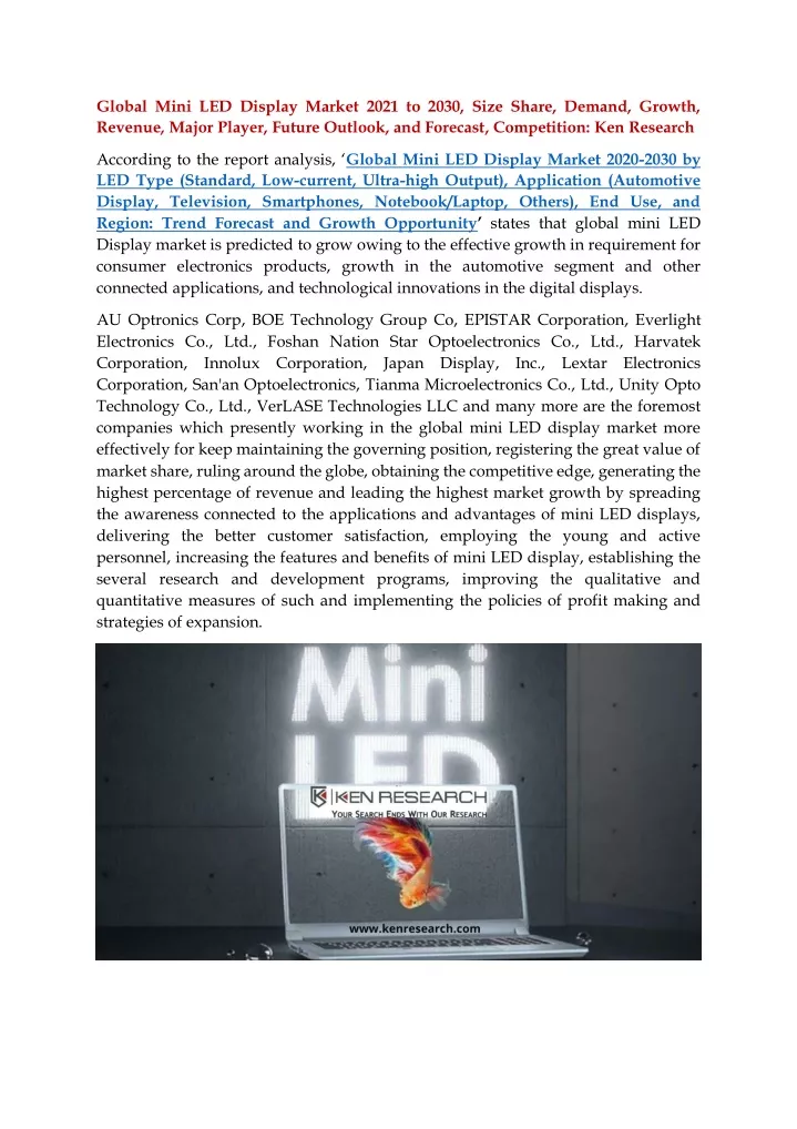 global mini led display market 2021 to 2030 size