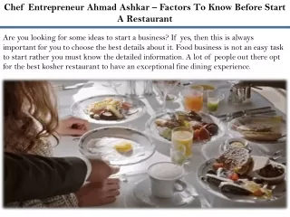 Chef Entrepreneur Ahmad Ashkar – Factors To Know Before Start A Restaurant