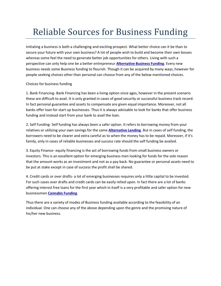 reliable sources for business funding