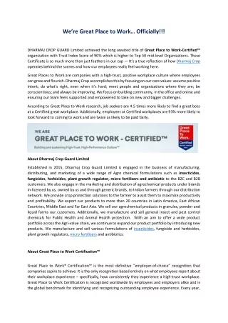 We’re Great Place to Work… Officially!!! - Dharmaj Crop Guard Limited