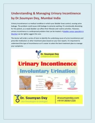 Understanding & Managing Urinary Incontinence by Dr.Soumyan Dey, Mumbai India