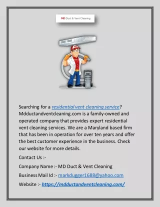Residential Vent Cleaning Service | Mdductandventcleaning.com