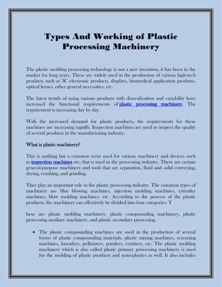 types and working of plastic processing machinery