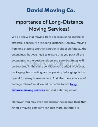 Long-Distance Moving Services Are Very Important | David Moving