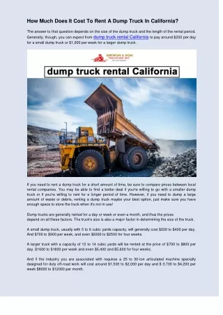 How Much Does It Cost To Rent A Dump Truck In California?