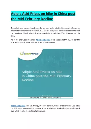 Adipic Acid Prices on hike in China post the Mid-February Decline