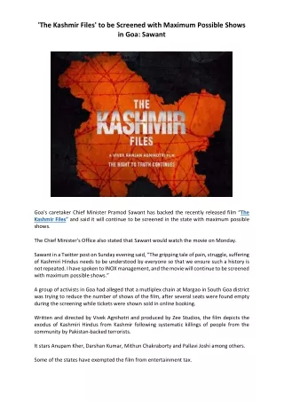 The Kashmir Files to be Screened with Maximum Possible Shows in Goa Sawant