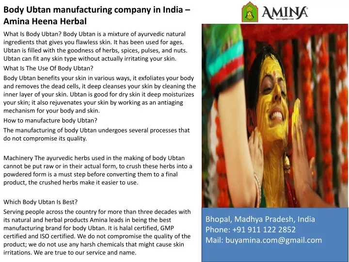 body ubtan manufacturing company in india amina heena herbal
