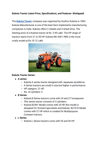 kubota tractor latest price specifications