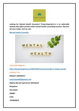 Mental Health Counselor  Projectimperfect.in
