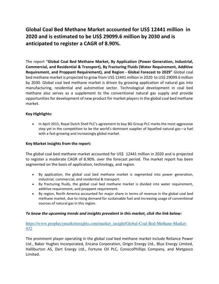 global coal bed methane market accounted