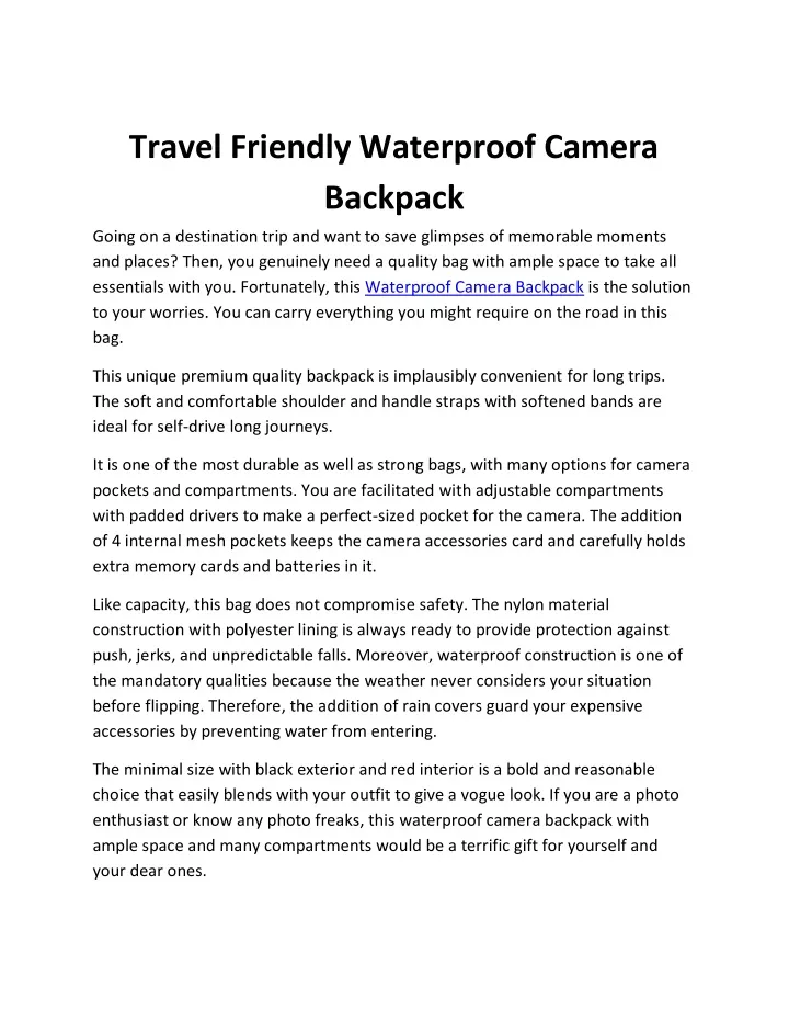 travel friendly waterproof camera backpack