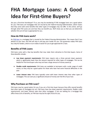 FHA Mortgage Loans: A Good Idea for First-time Buyers?