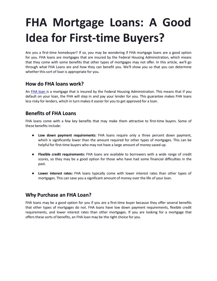 fha mort g a g e loans a good idea for first time buyers