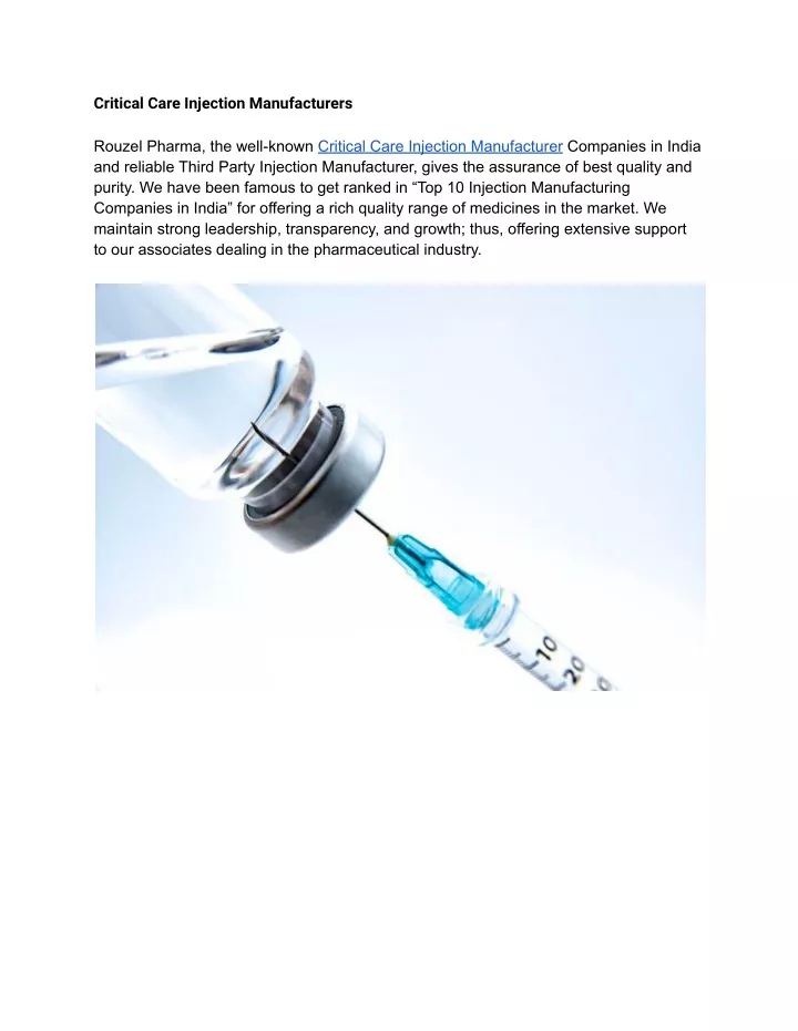 critical care injection manufacturers