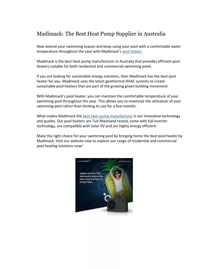 madimack the best heat pump supplier in australia