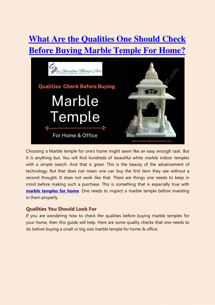 what are the qualities one should check before buying marble temple for home