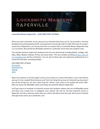 Locksmith Masters Naperville – OUR DIRECTORY LISTINGS