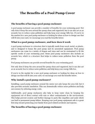The Benefits of a Pool Pump Cover