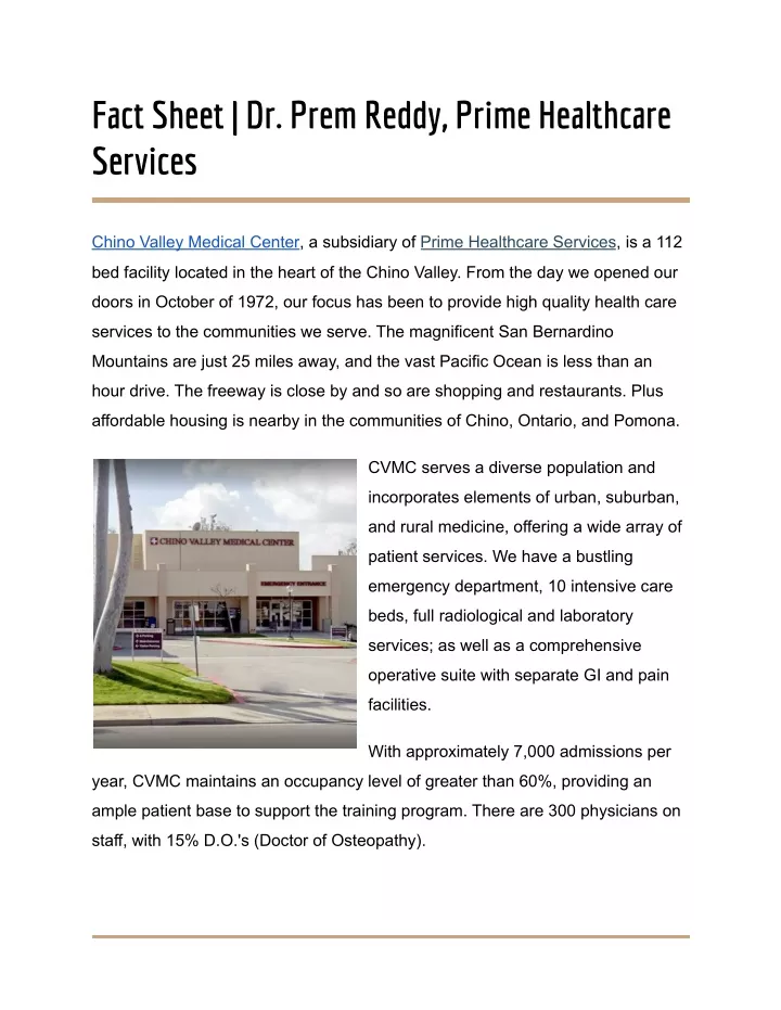 fact sheet dr prem reddy prime healthcare services