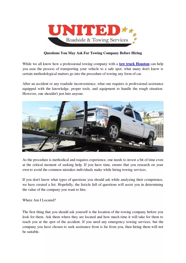 questions you may ask for towing company before