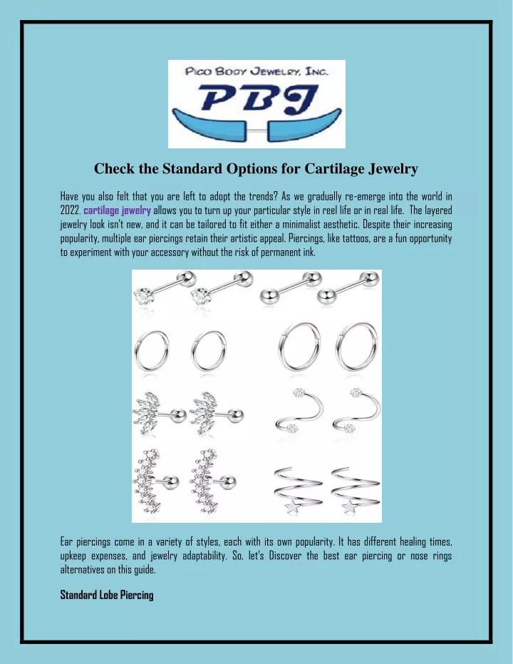check the standard options for cartilage jewelry