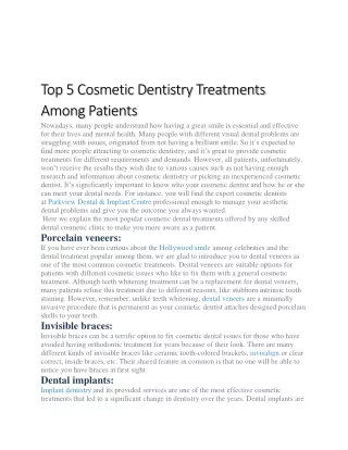 Top 5 Cosmetic Dentistry Treatments Among Patients